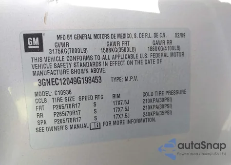 2009 Chevrolet Avalanche 1500 Ls из США, поврежденный, VIN 3GNEC12049G198453